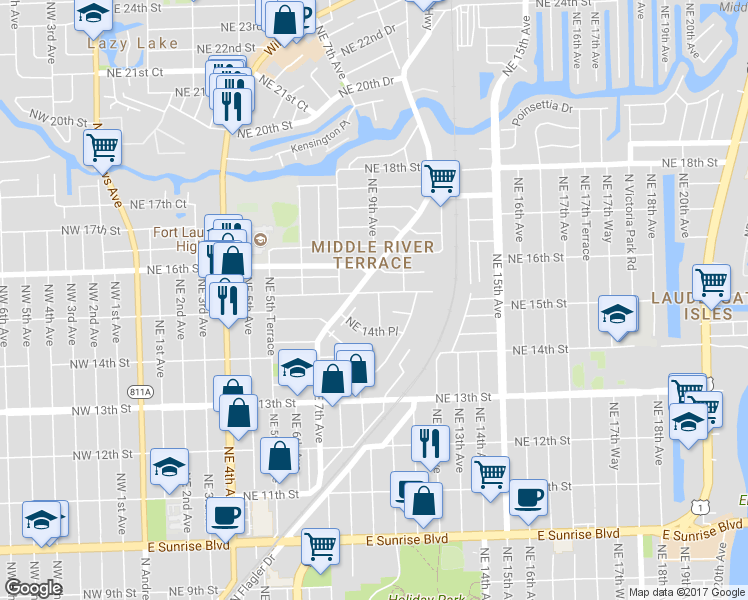 map of restaurants, bars, coffee shops, grocery stores, and more near 990 Northeast 15th Street in Fort Lauderdale