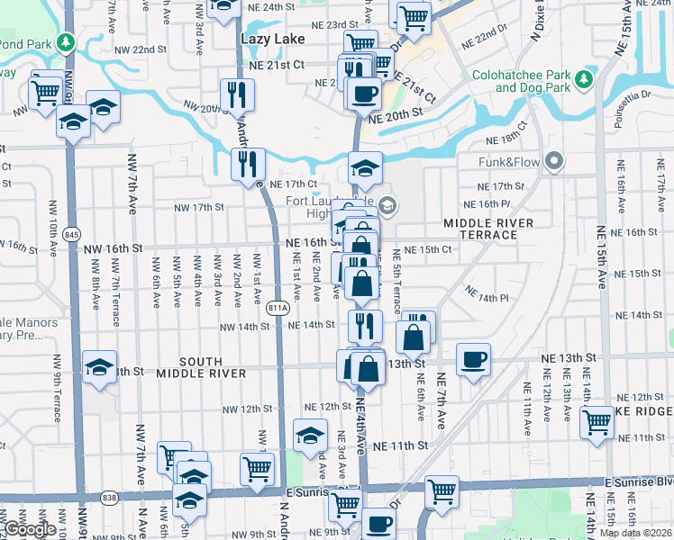 map of restaurants, bars, coffee shops, grocery stores, and more near 1517 Northeast 3rd Avenue in Fort Lauderdale