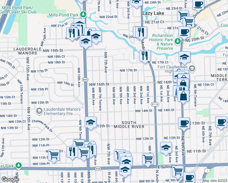 map of restaurants, bars, coffee shops, grocery stores, and more near 1528 Northwest 7th Avenue in Fort Lauderdale