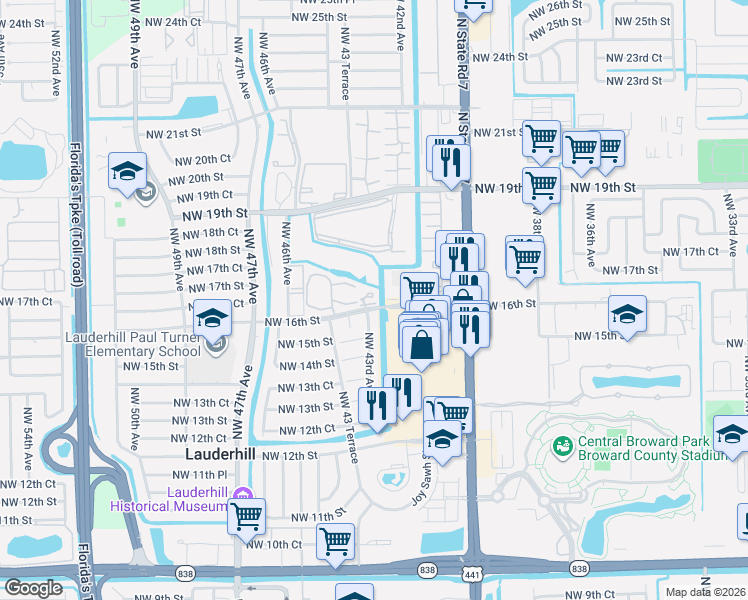 map of restaurants, bars, coffee shops, grocery stores, and more near 4299 Northwest 16th Street in Lauderhill