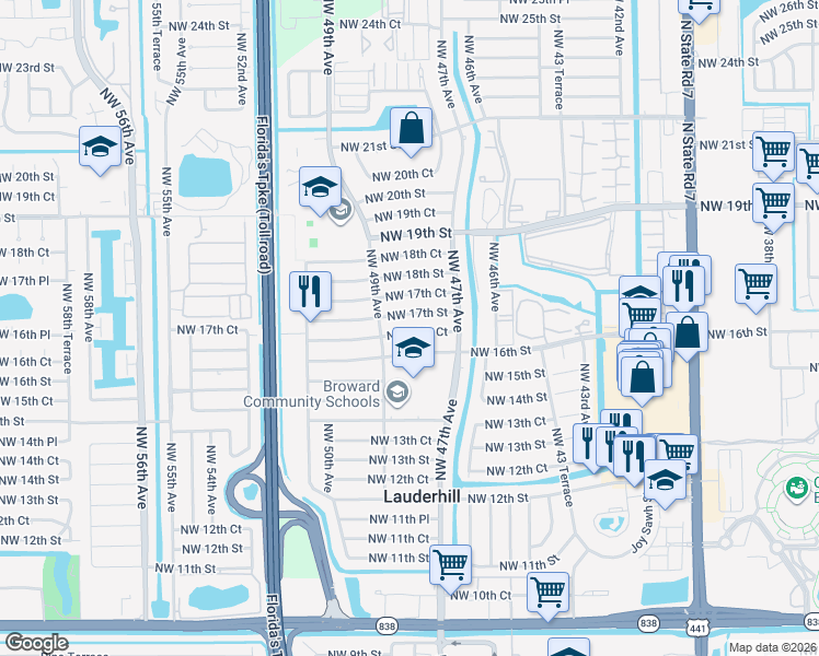 map of restaurants, bars, coffee shops, grocery stores, and more near 4810 Northwest 17th Street in Lauderhill