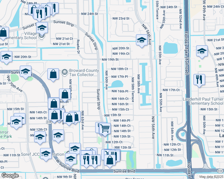 map of restaurants, bars, coffee shops, grocery stores, and more near 5971 Northwest 16th Place in Sunrise