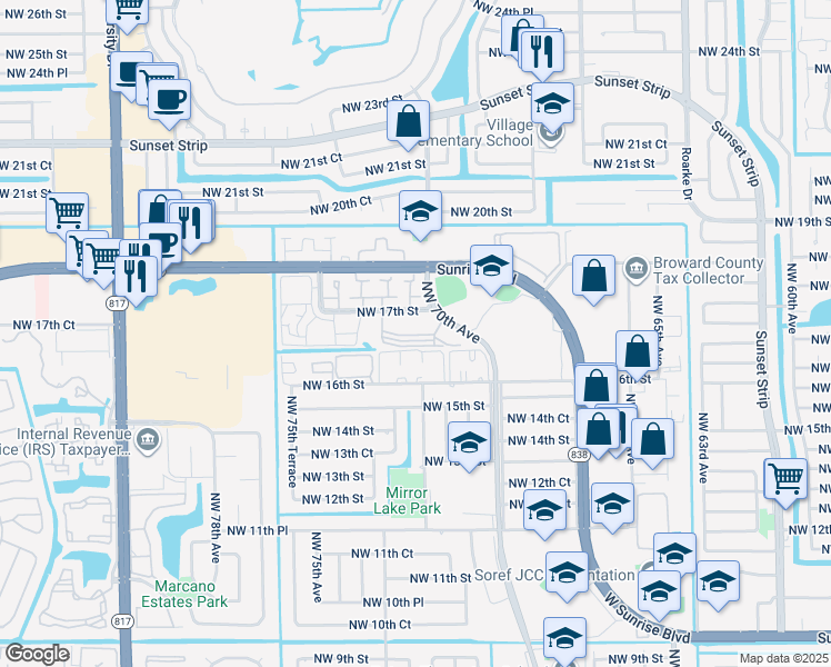 map of restaurants, bars, coffee shops, grocery stores, and more near 7000 Northwest 17th Street in Plantation