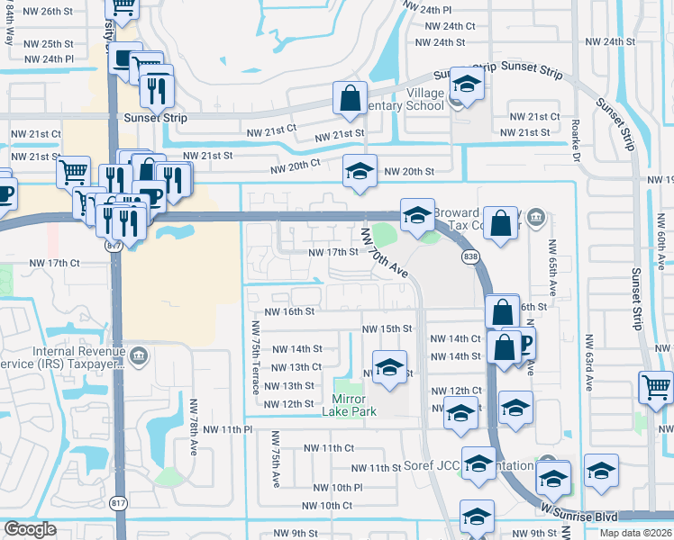 map of restaurants, bars, coffee shops, grocery stores, and more near 7200 Northwest 17th Street in Plantation