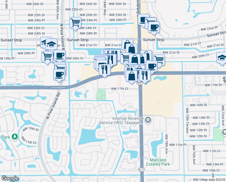 map of restaurants, bars, coffee shops, grocery stores, and more near 1740 Northwest 81st Way in Plantation