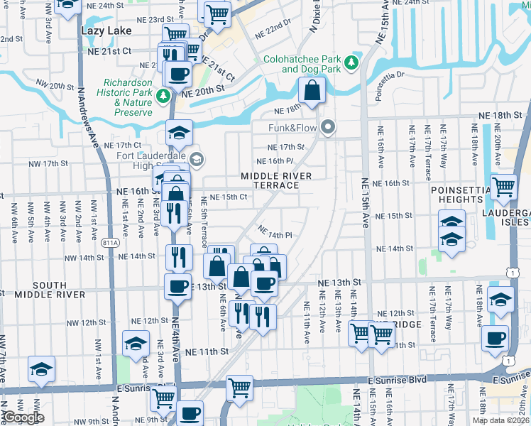 map of restaurants, bars, coffee shops, grocery stores, and more near 1470 North Dixie Highway in Fort Lauderdale