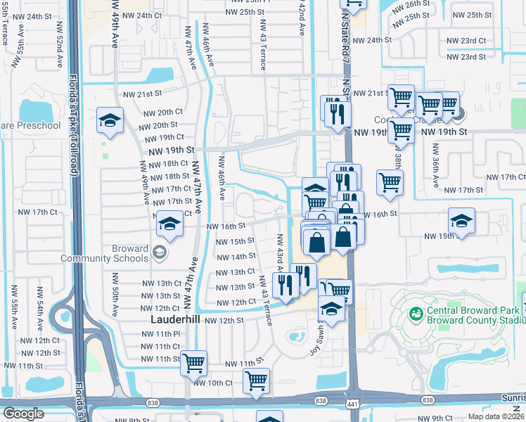 map of restaurants, bars, coffee shops, grocery stores, and more near 4331 Northwest 16th Street in Lauderhill