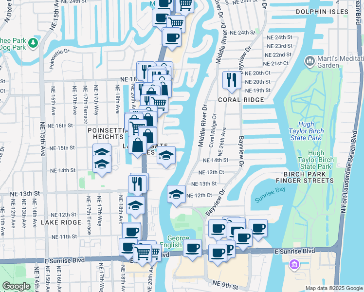 map of restaurants, bars, coffee shops, grocery stores, and more near 2136 Northeast 15th Street in Fort Lauderdale