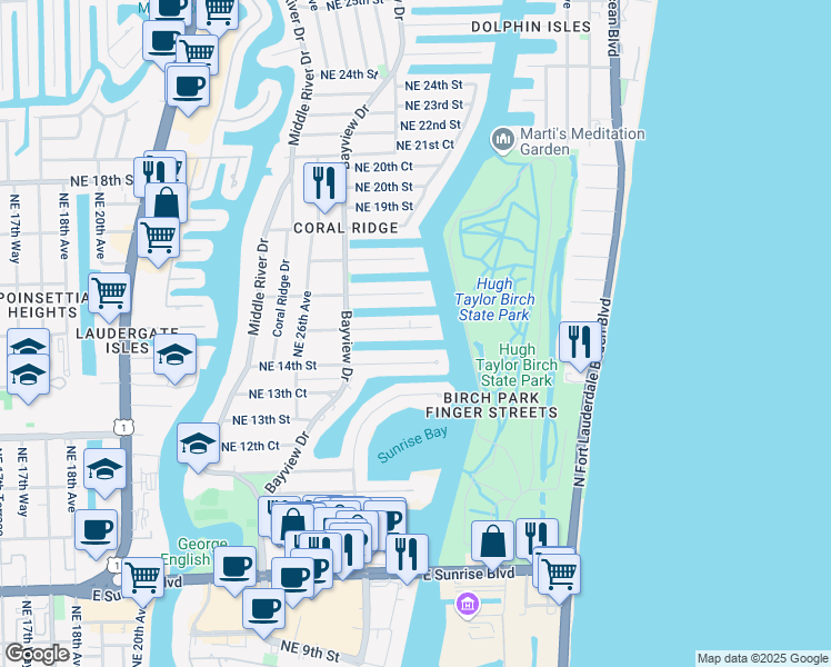map of restaurants, bars, coffee shops, grocery stores, and more near 2762 Northeast 15th Street in Fort Lauderdale