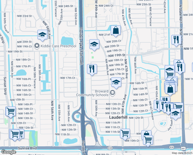 map of restaurants, bars, coffee shops, grocery stores, and more near 5000 Northwest 17th Street in Lauderhill