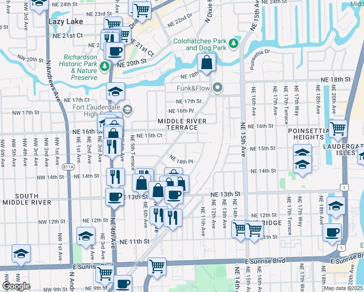 map of restaurants, bars, coffee shops, grocery stores, and more near 990 Northeast 15th Street in Fort Lauderdale