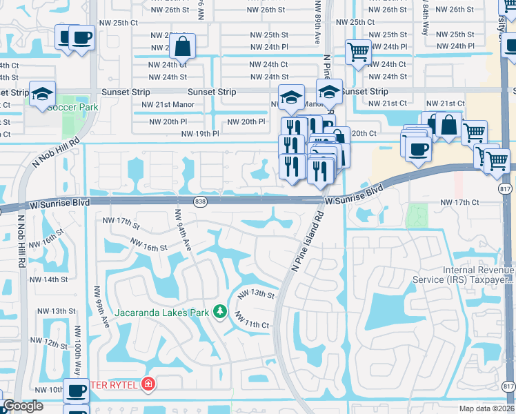 map of restaurants, bars, coffee shops, grocery stores, and more near 9249 Northwest 18th Street in Plantation