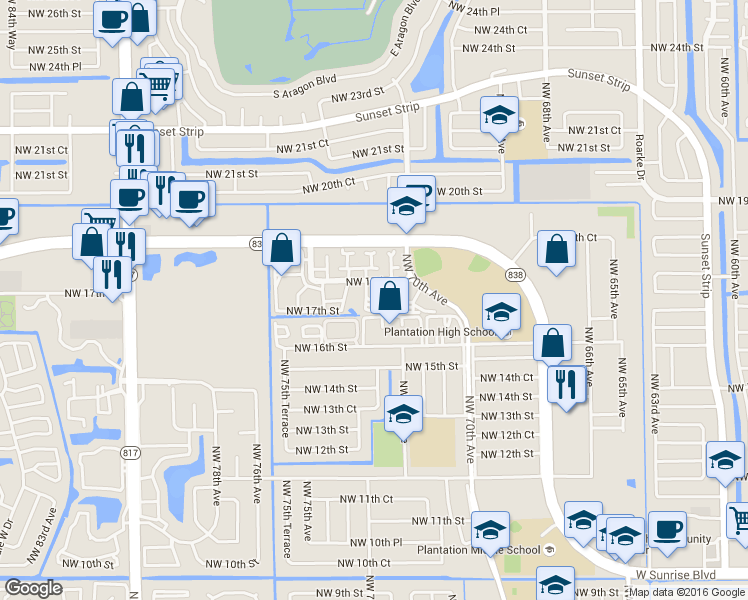 map of restaurants, bars, coffee shops, grocery stores, and more near 7200 Northwest 17th Street in Plantation