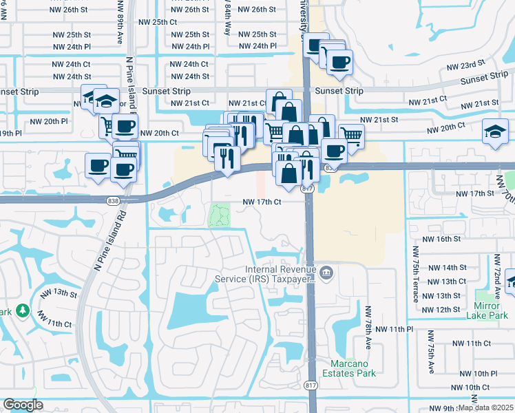 map of restaurants, bars, coffee shops, grocery stores, and more near 1740 Northwest 81st Way in Plantation
