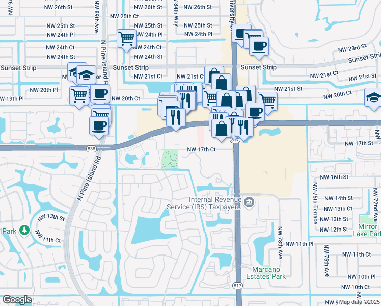 map of restaurants, bars, coffee shops, grocery stores, and more near 1740 Northwest 81st Way in Plantation