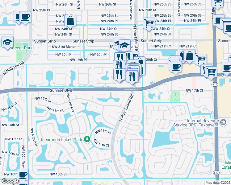 map of restaurants, bars, coffee shops, grocery stores, and more near 1772 Northwest 91st Avenue in Plantation