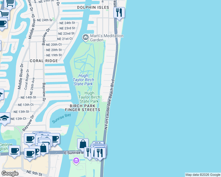 map of restaurants, bars, coffee shops, grocery stores, and more near 1427 Florida A1A in Fort Lauderdale