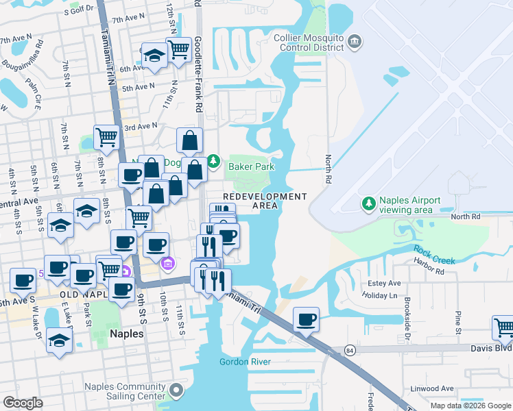 map of restaurants, bars, coffee shops, grocery stores, and more near 185 15th Street South in Naples