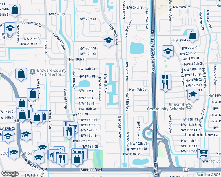 map of restaurants, bars, coffee shops, grocery stores, and more near 5715 Northwest 17th Court in Lauderhill