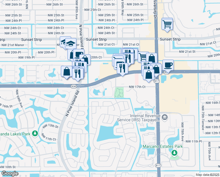 map of restaurants, bars, coffee shops, grocery stores, and more near 8500 West Sunrise Boulevard in Plantation