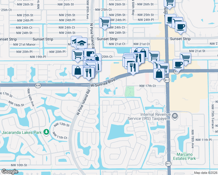 map of restaurants, bars, coffee shops, grocery stores, and more near 8592 West Sunrise Boulevard in Plantation