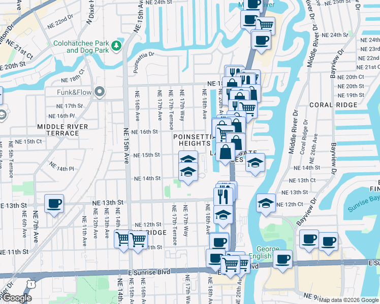 map of restaurants, bars, coffee shops, grocery stores, and more near 1755 Northeast 15th Street in Fort Lauderdale