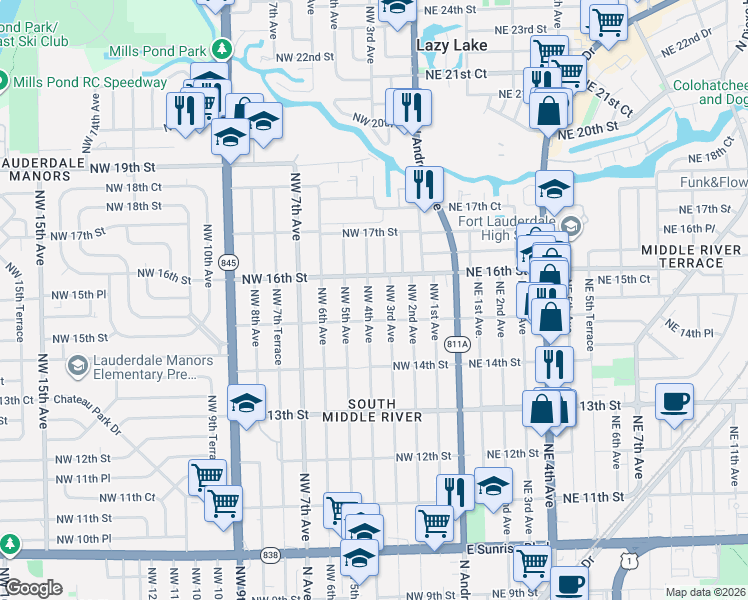 map of restaurants, bars, coffee shops, grocery stores, and more near 1524 Northwest 4th Avenue in Fort Lauderdale
