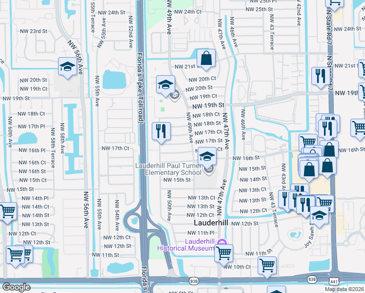 map of restaurants, bars, coffee shops, grocery stores, and more near 4910 Northwest 17th Street in Lauderhill