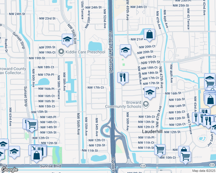 map of restaurants, bars, coffee shops, grocery stores, and more near 5201 Northwest 17th Court in Lauderhill