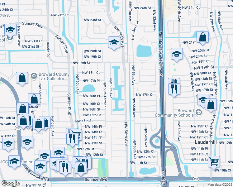 map of restaurants, bars, coffee shops, grocery stores, and more near 5715 Northwest 17th Court in Lauderhill