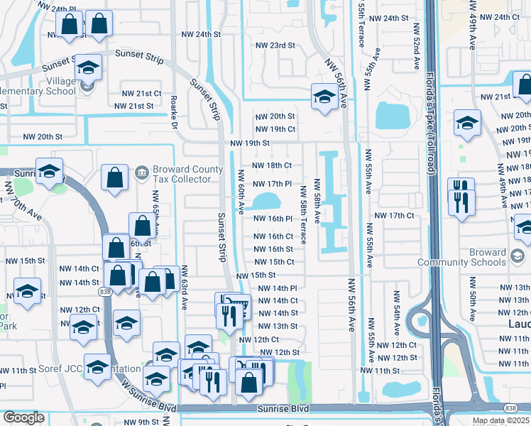 map of restaurants, bars, coffee shops, grocery stores, and more near 5941 Northwest 16th Place in Sunrise