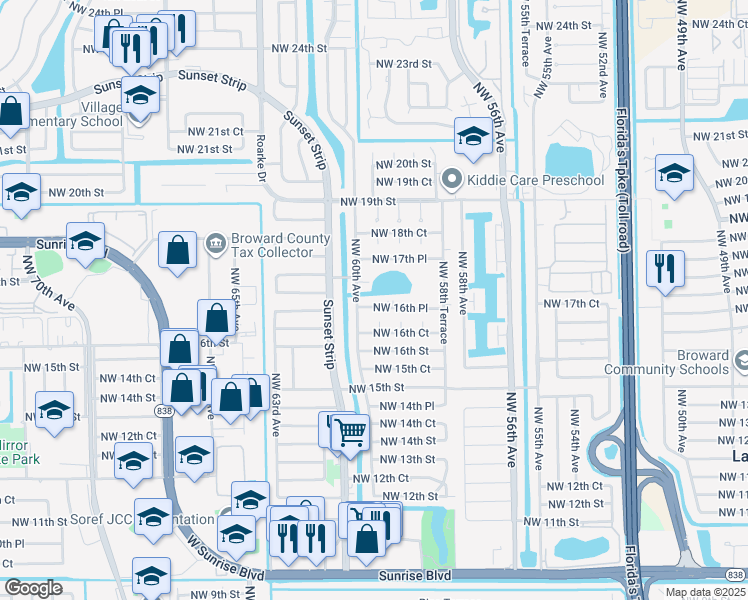 map of restaurants, bars, coffee shops, grocery stores, and more near 5971 Northwest 16th Place in Sunrise