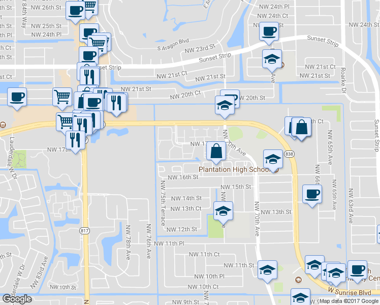 map of restaurants, bars, coffee shops, grocery stores, and more near 7300 Northwest 17th Street in Plantation