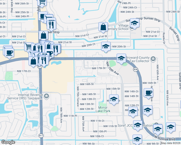 map of restaurants, bars, coffee shops, grocery stores, and more near 7300 Northwest 17th Street in Plantation