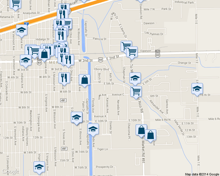 map of restaurants, bars, coffee shops, grocery stores, and more near 523 Amigos Lane in Mercedes