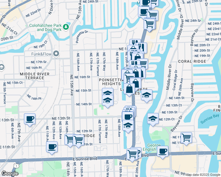 map of restaurants, bars, coffee shops, grocery stores, and more near 1755 Northeast 15th Street in Fort Lauderdale