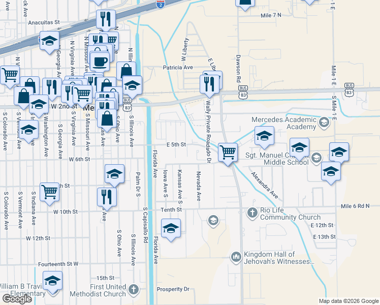 map of restaurants, bars, coffee shops, grocery stores, and more near 523 Amigos Lane in Mercedes