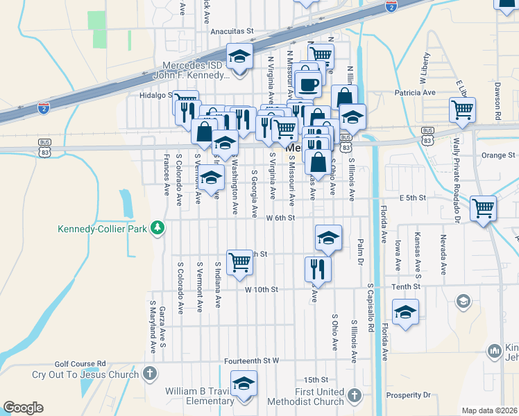 map of restaurants, bars, coffee shops, grocery stores, and more near 520 South Georgia Avenue in Mercedes