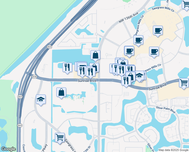 map of restaurants, bars, coffee shops, grocery stores, and more near 13605 West Sunrise Boulevard in Sunrise