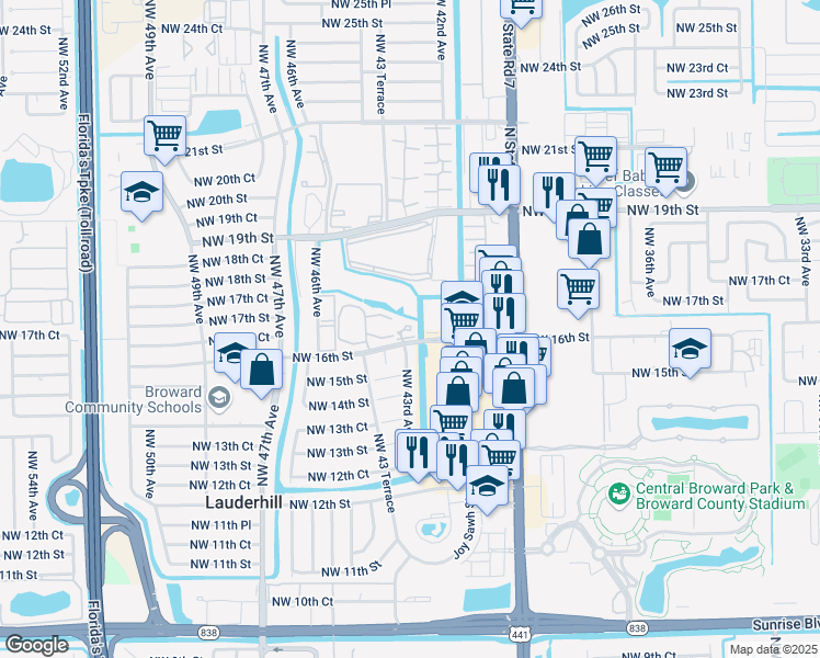 map of restaurants, bars, coffee shops, grocery stores, and more near 4299 Northwest 16th Street in Lauderhill