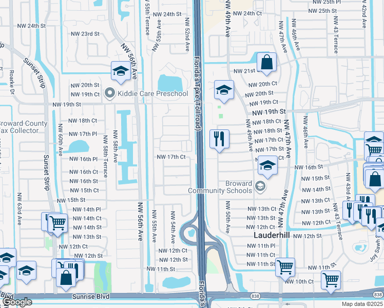 map of restaurants, bars, coffee shops, grocery stores, and more near 5201 Northwest 17th Court in Lauderhill