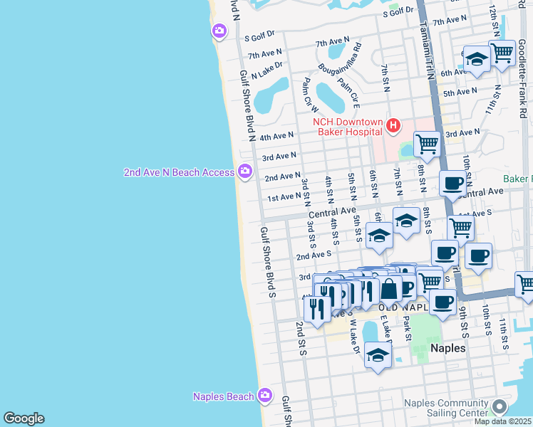 map of restaurants, bars, coffee shops, grocery stores, and more near 12 Gulf Shore Boulevard North in Naples