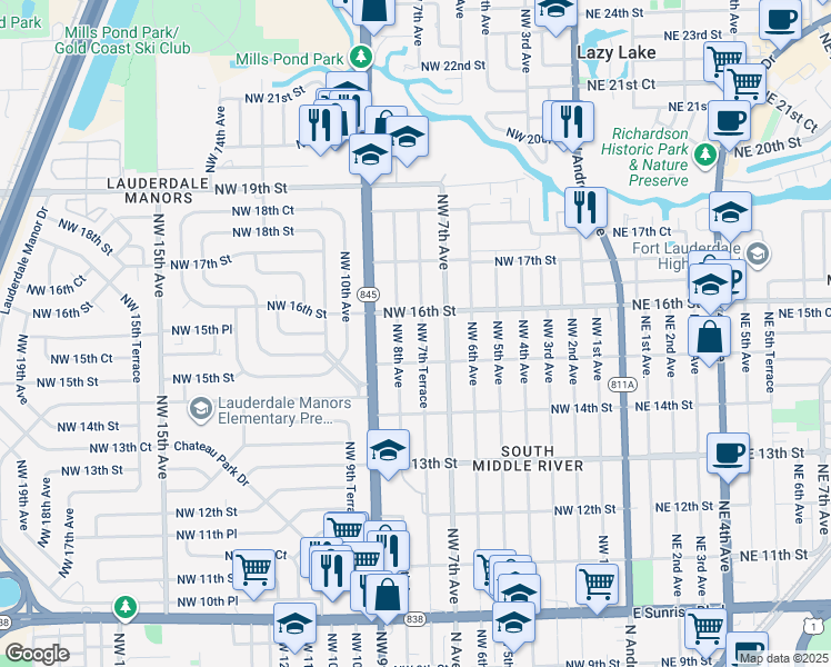 map of restaurants, bars, coffee shops, grocery stores, and more near 1527 Northwest 7th Terrace in Fort Lauderdale