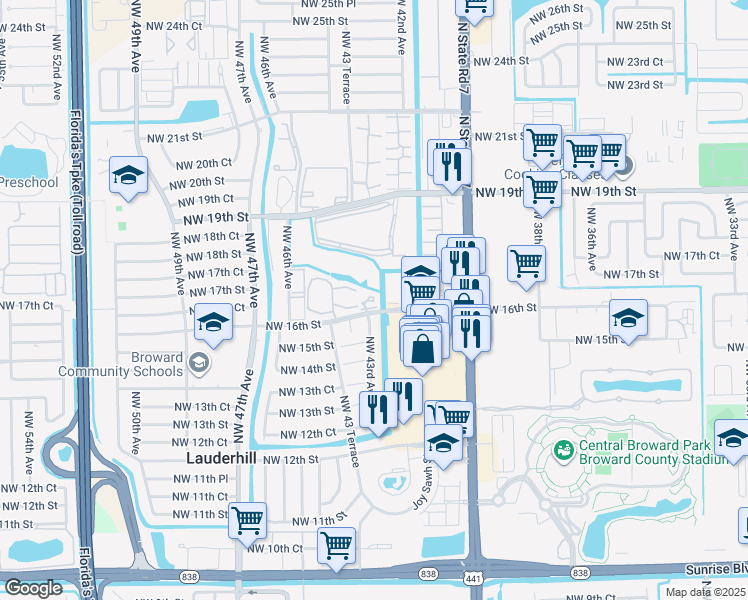 map of restaurants, bars, coffee shops, grocery stores, and more near 4299 Northwest 16th Street in Lauderhill