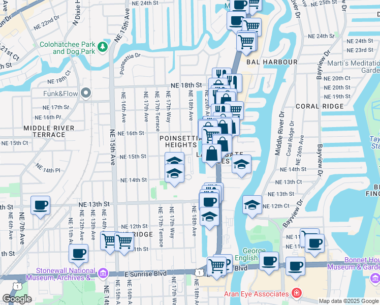 map of restaurants, bars, coffee shops, grocery stores, and more near 1791 Northeast 15th Street in Fort Lauderdale