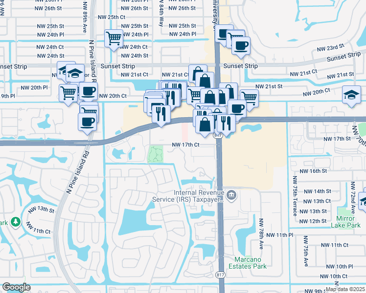 map of restaurants, bars, coffee shops, grocery stores, and more near 1641 Northwest 81st Way in Plantation