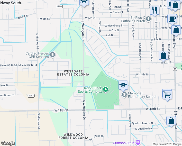 map of restaurants, bars, coffee shops, grocery stores, and more near 1208 South Westgate Drive in Weslaco