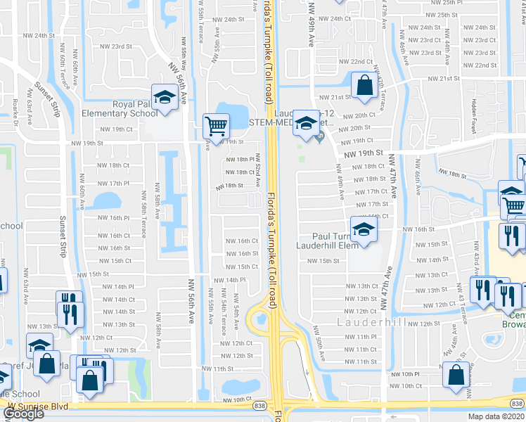 map of restaurants, bars, coffee shops, grocery stores, and more near 5201 Northwest 17th Court in Lauderhill