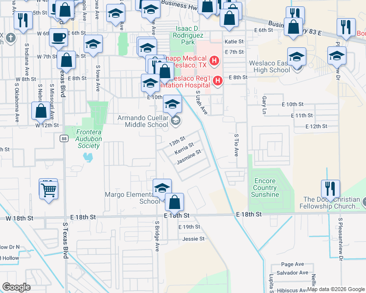 map of restaurants, bars, coffee shops, grocery stores, and more near 913 Kerria Street in Weslaco