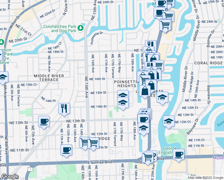 map of restaurants, bars, coffee shops, grocery stores, and more near 1505 Northeast 17th Terrace in Fort Lauderdale